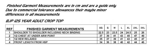 bjp adult crop top size chart
